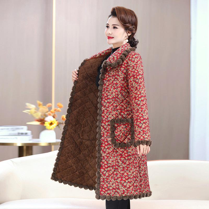 Floral Plaid Pom-Pom Long Cotton Padded Jacket for Middle-Aged and Elderly Women - Plus Size