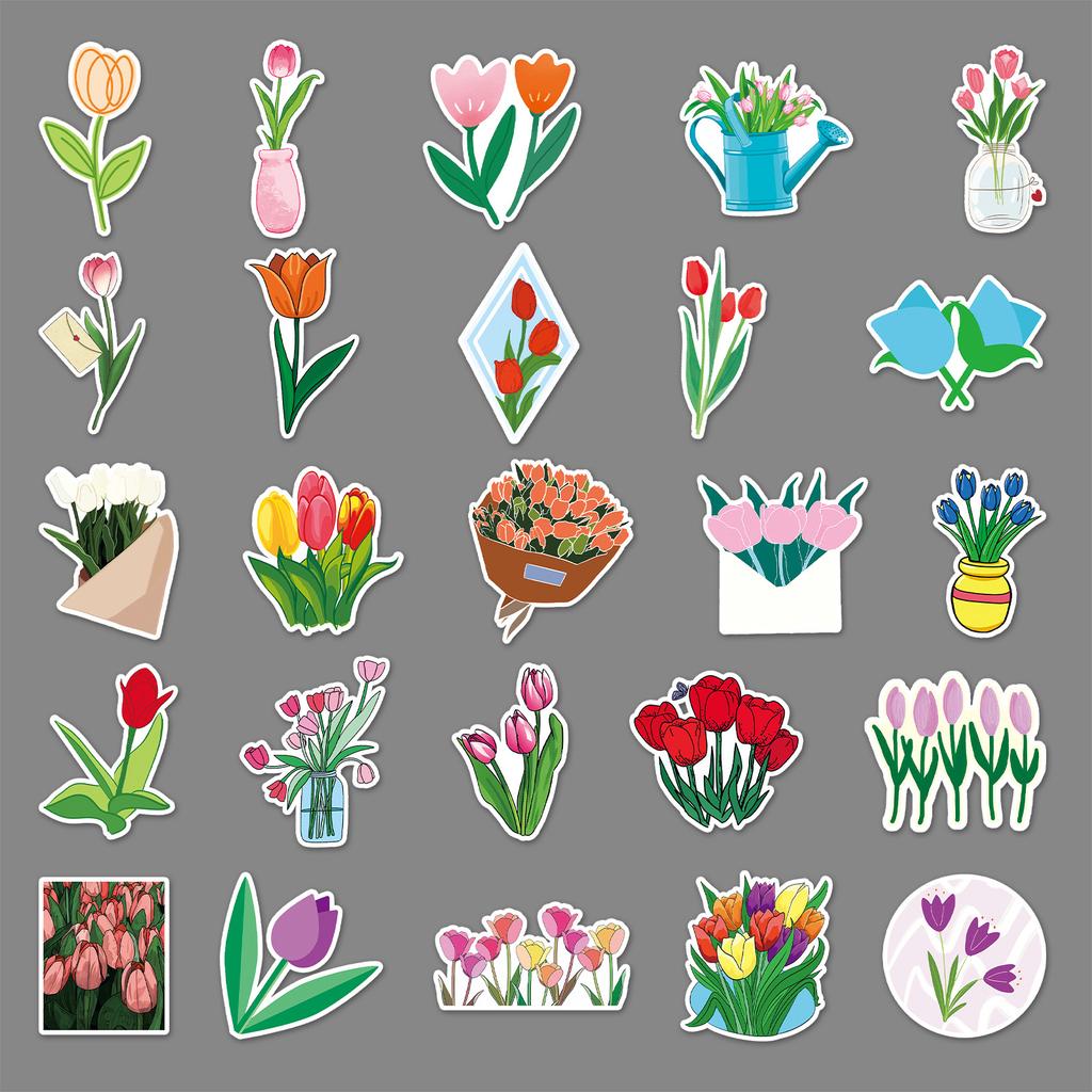 50 Tulips Doodle Personality Small Fresh Flowers Hand Tent DIY Mobile Phone Case Suitcase Sticker Waterproof