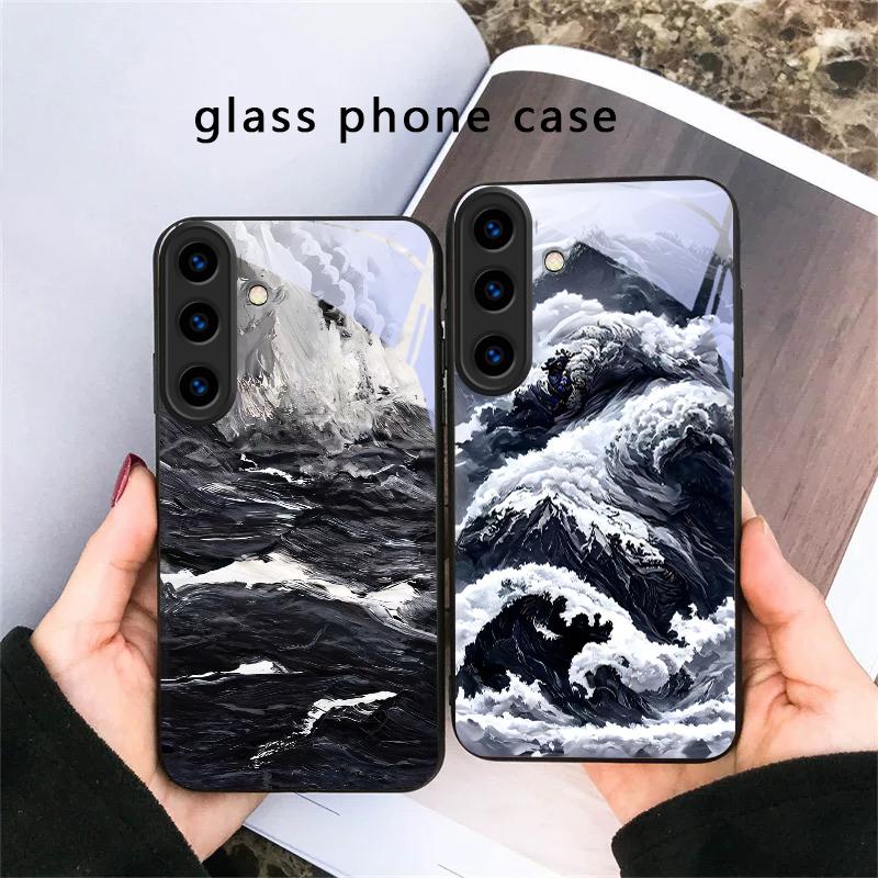Abstrakte Moderne Wellen Für Samsung Galaxy S20 S21 S22 S23 Plus S24 FE S25 Ultra S26 Edge S25+ 20+ 22+ 24+ Schwarze Glas-Handyhülle