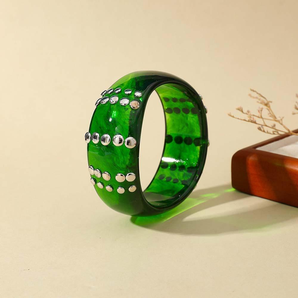 

High-Gloss Finish Studded Cuff Bracelet Geometric Silhouette Stacked Wrist Jewelry Gallery Opening серебряный/зелёный