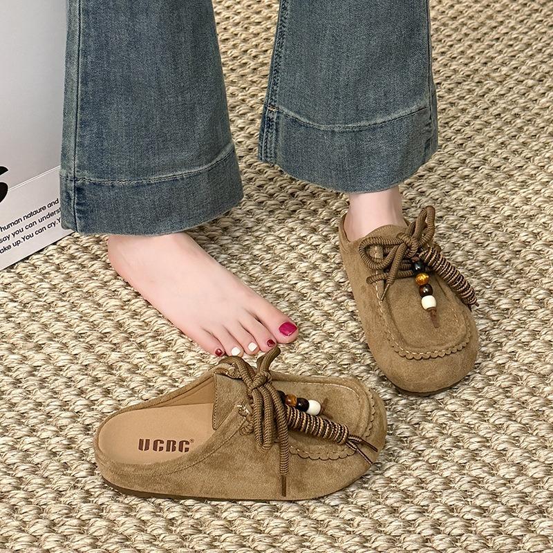 Retro Baotou Bead String with Women's Spring New Thick Bottom Heightening Baotou Half Slippers