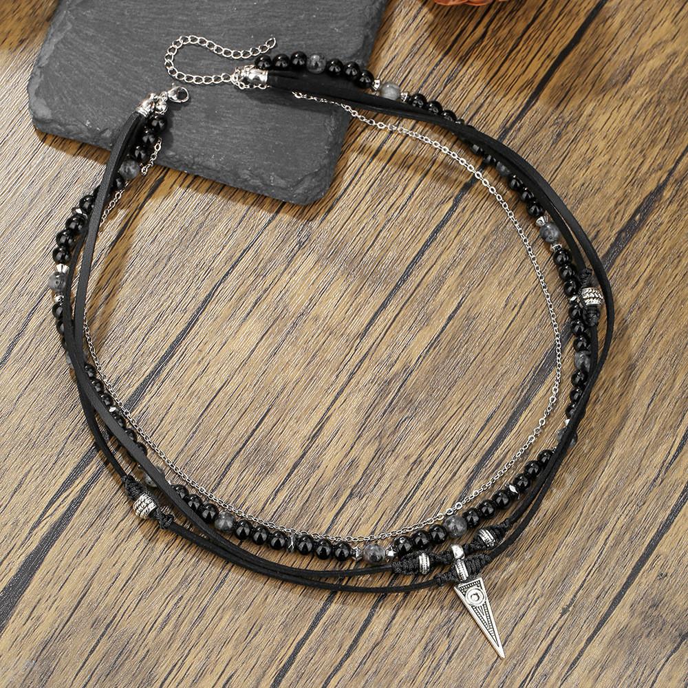 Geometric Leather Chain Necklace For Men With Handmade Design And Multilayer Style