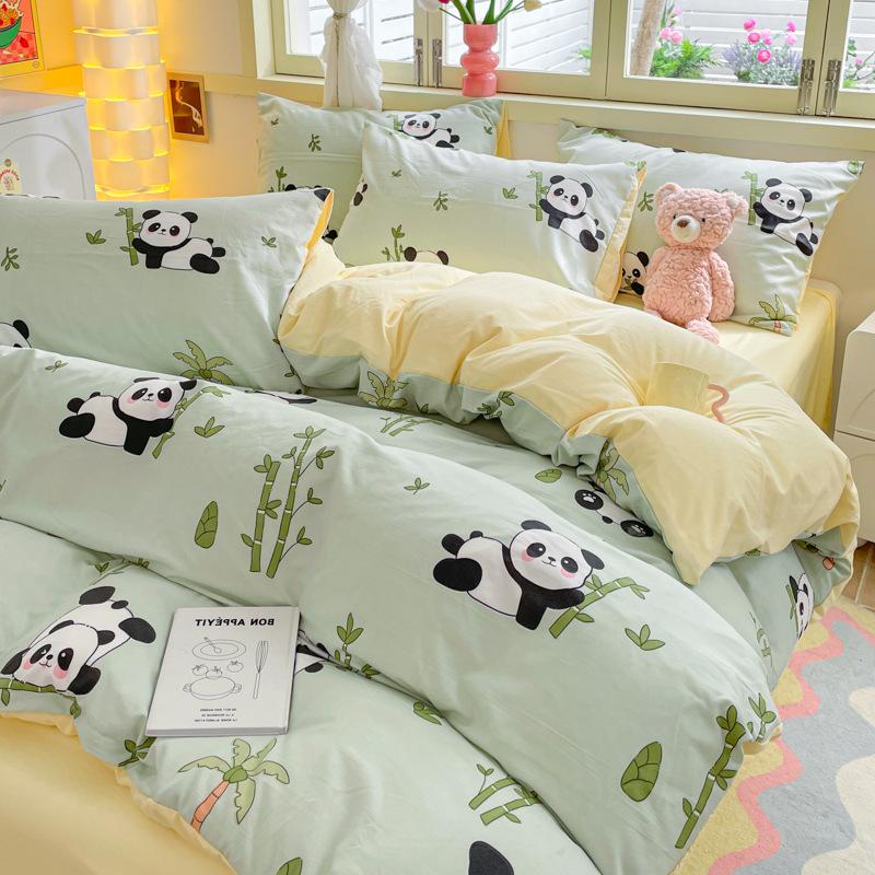 Class A Maternal And Infant Grade Washed Cotton Four-Piece Set Cotton Cartoon Small Fresh Pure Cotton Mattress Quilt Cover 3Pcs Set