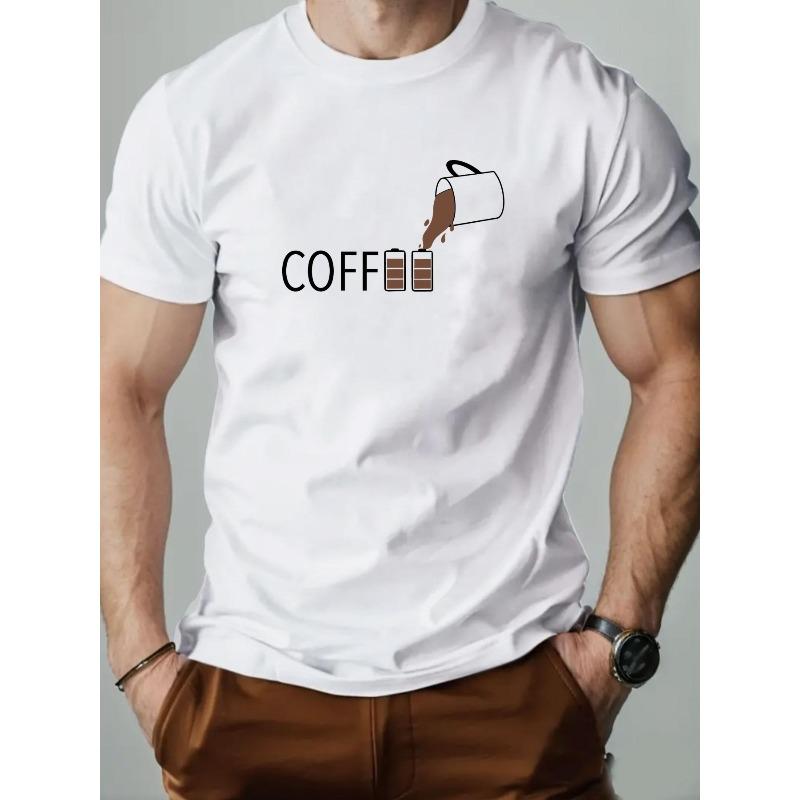 Men's Coffee Pattern T-shirt - Black Casual Short-sleeved Summer Top, Eye-catching 'COFF' Print and Coffee Bean Design, Light and Thin Crew Neck Shirt