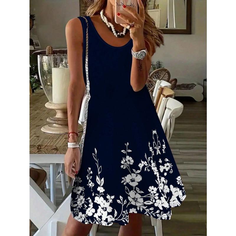 Neues Sommerkleid für Damen mit Blumenprint, Rundhalsausschnitt, Lockerer Schnitt, Modisch, Ärmellos, Einteiler