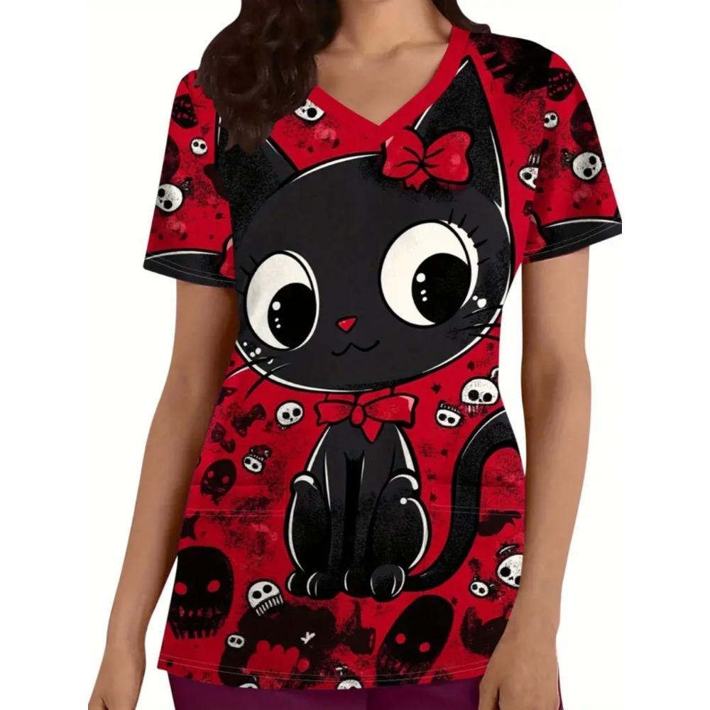 Хирургический костюм женский с милым принтом кошек, V-образным вырезом, коротким рукавом, топ медсестры, удобный с карманами, медицинская одежда S