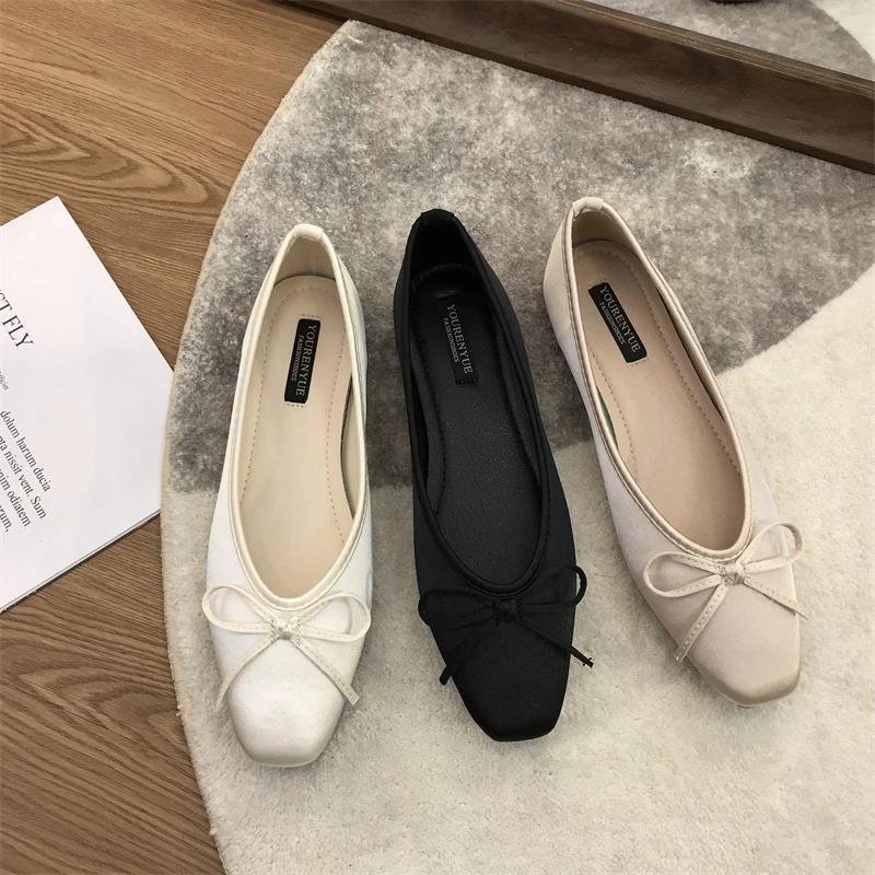 Fashion Luxury Lace Tie Leg Silk Ballet Flats Woman Square Toe Bowknot Ballerinas Ladies Wedding Mary Janes Shoes Woman Shoes