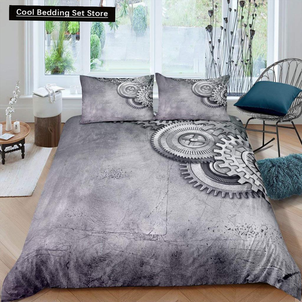 Golden Industrial Gear King Full Duvet Cover Steampunk Style Bedding Set Mechanical Device Quilt Cover Polyester Comforter Cover
