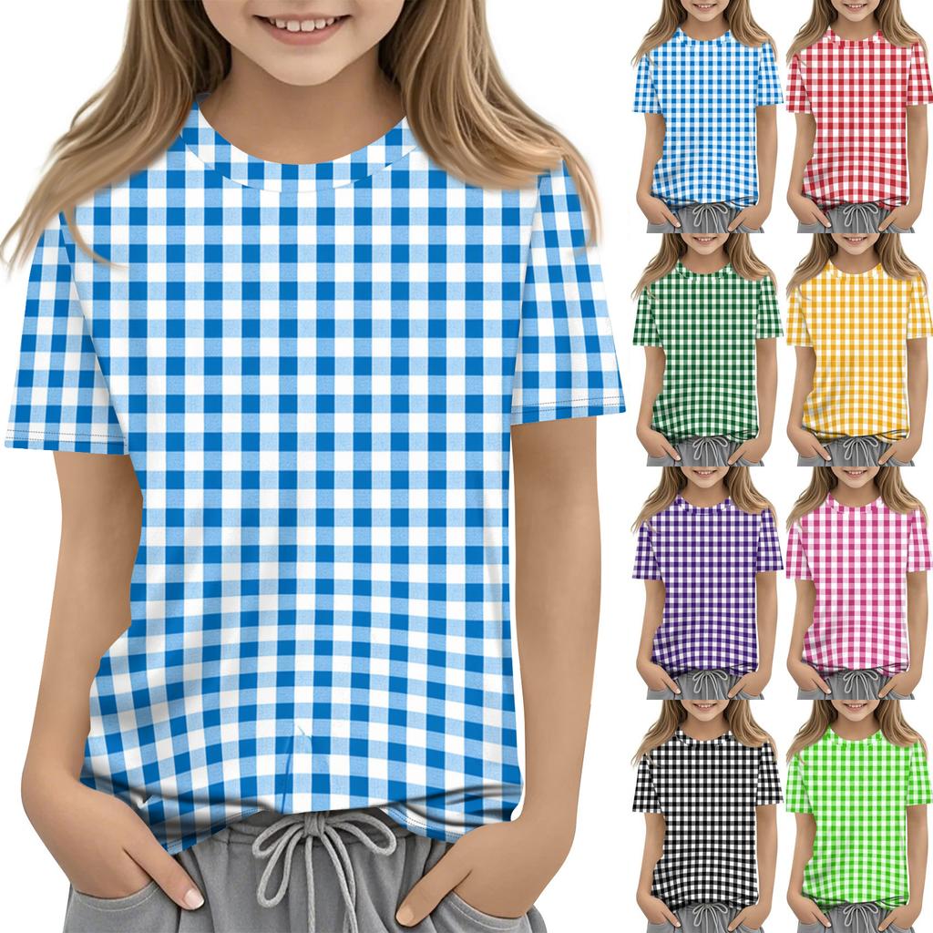 Kids Plaid Print Crew Neck Short Sleeve Casual T Shirt Soft Fabric Lightweight Breathable Fit for Everyday Wear