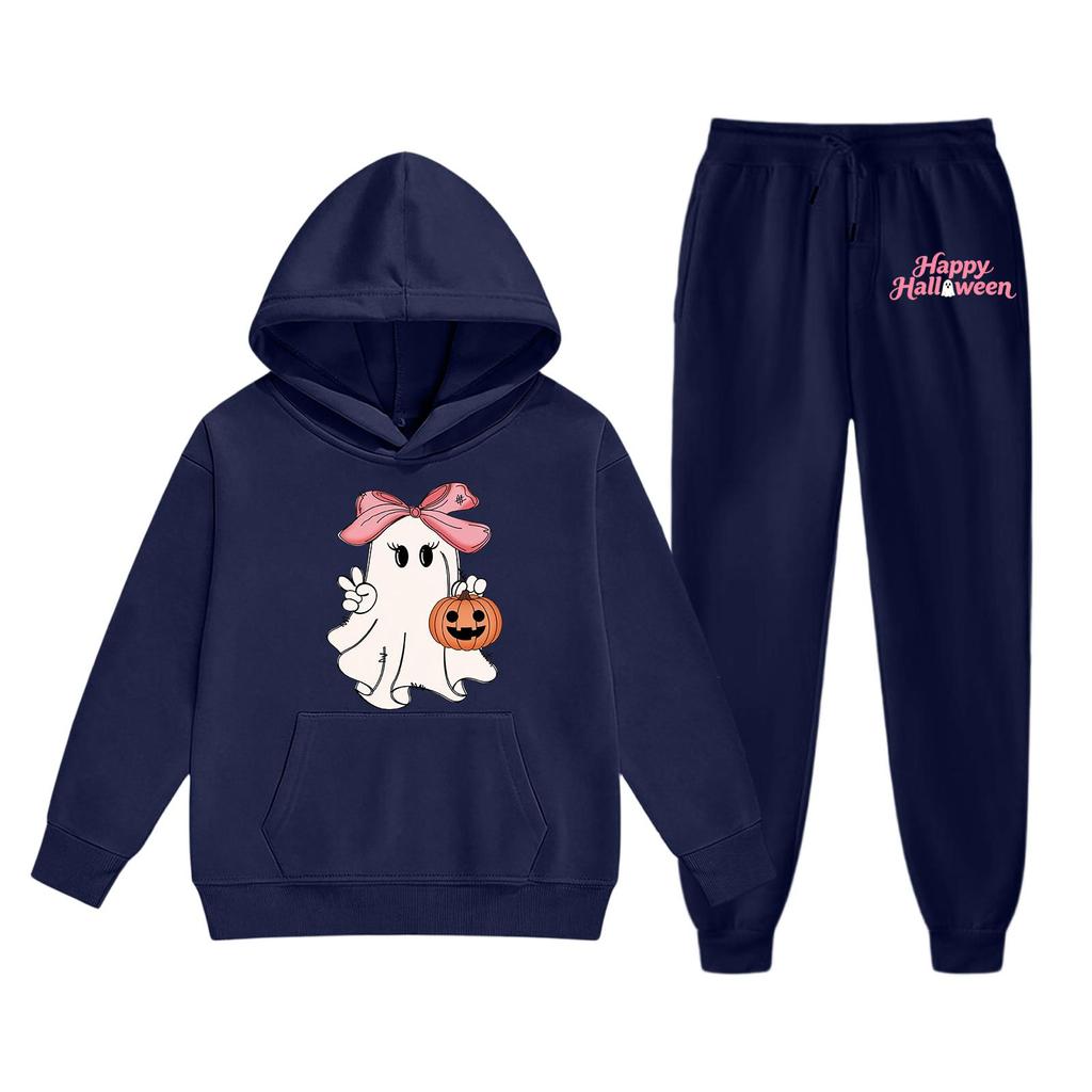 Kids Halloween Hoodie and Pants Set Ghost Print Pullover Hooded Sweatshirt and Elastic Waist Pants Comfortable Fit for Children