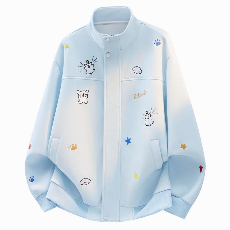 Cartoon Dog Embroidered Stand Collar Sweatshirt Unisex Loose Casual Cardigan Youth