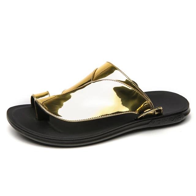 

New Gold Men Slippers 2025 Summer Outside Slides Plus Size Casual Fashion Party Beach Shoes Comfortable Breathable Sandals 38 золотой