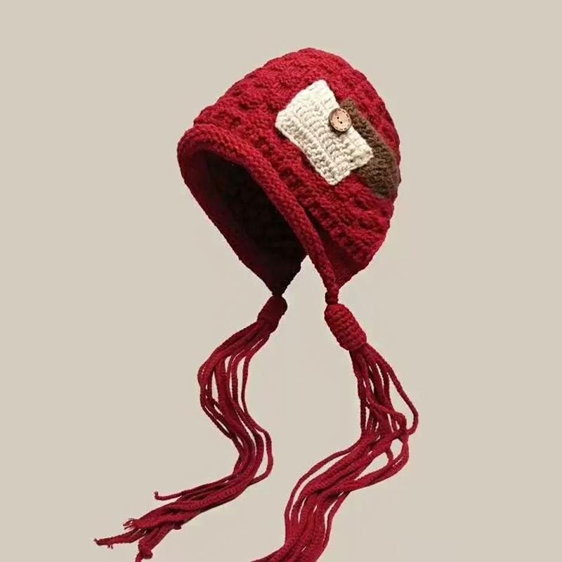 1PC Handmade Red Tassel Soft Knit Fashionable Wool Trendy Hat Handmade Braid Warm