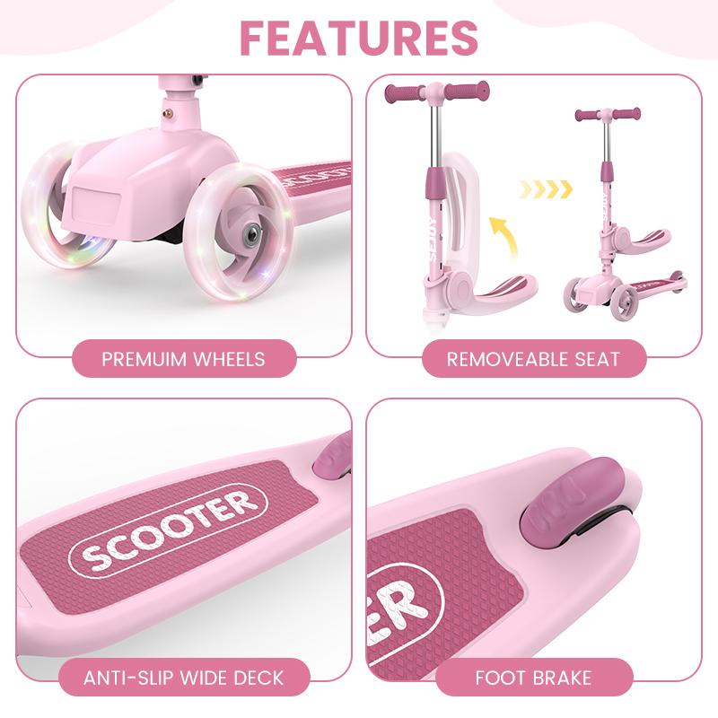 Kick Scooter For Kids With 3-Wheeled Led Lights,Adjustable Lean-To-Steer Handlebar,Foldable Seat,Sit Or Stand Ride,For 3-8 Years