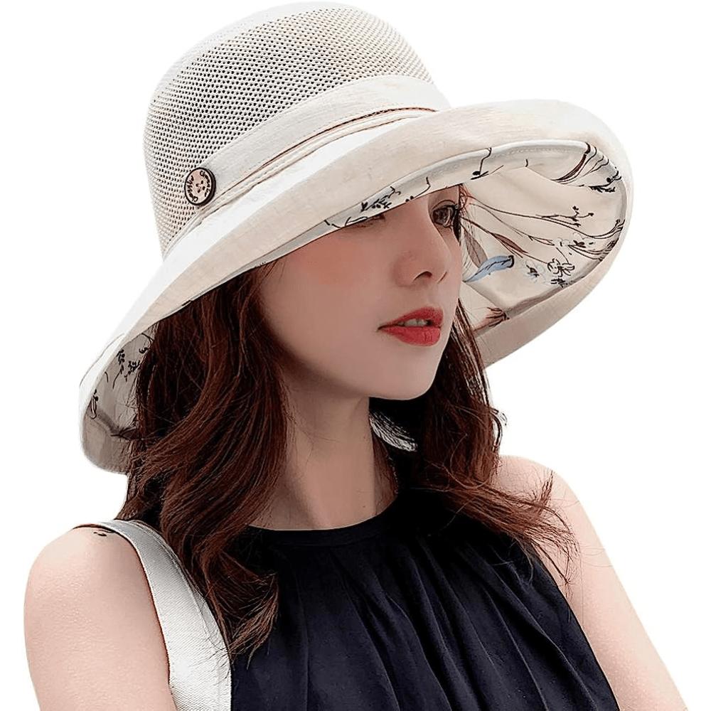 Women Mesh Sun Hats Summer Beach Packable Wide Brim Chin Strap