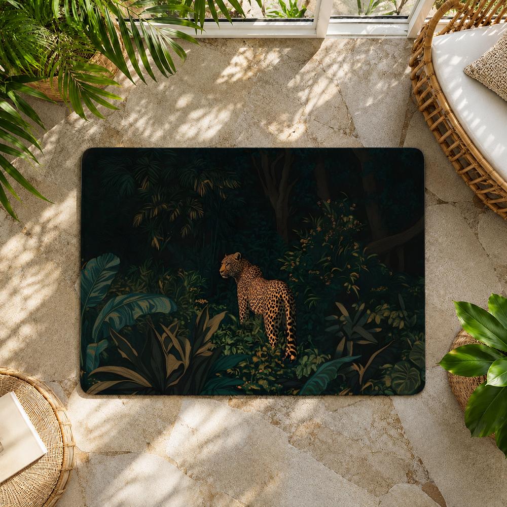 Jungle Animal Theme Design Floor Mat Flannel Rug Non Slip Absorbent Soft Washable for Entryway Hallway Bathroom Kitchen Decor