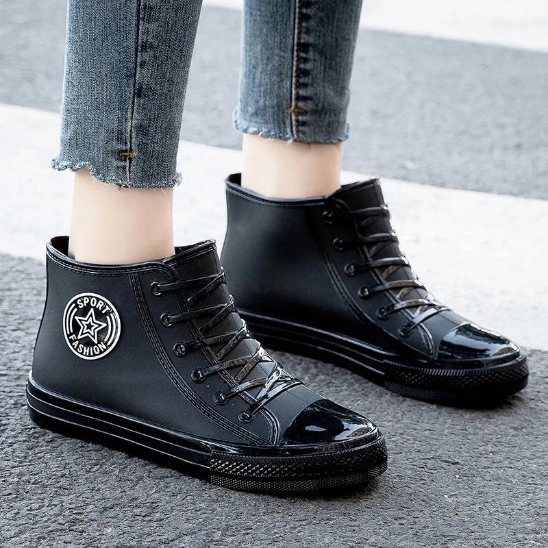 Adult Waterproof PVC Canvas Shoes Women Platform Ankle Rain Boots Outdoor Rain Shoe Ladies Non Slip Plus Cotton Silicone Boots