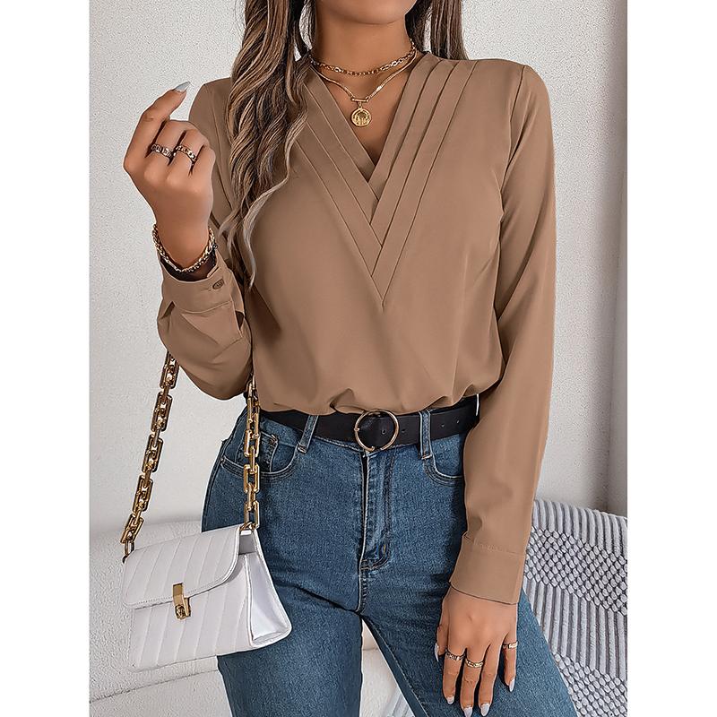 Women's Blouses Solid Color Long Sleeve Sleeved Tops Female Sexy V Neck Casual Loose Pullover Lady Elegant Autumn Shirts