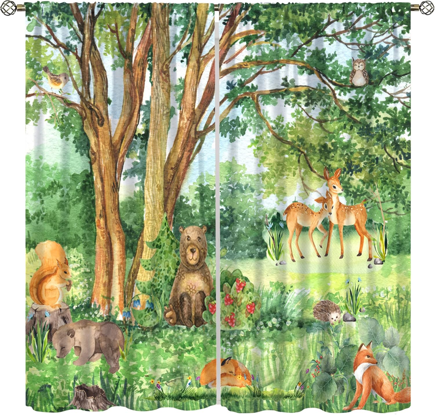 Forest Friends  Curtains  Watercolor Deer, Fox & Bear Design with Trees and Flowers Rod Pocket Drapes for Kids  Room or Nursery 60×150cm
