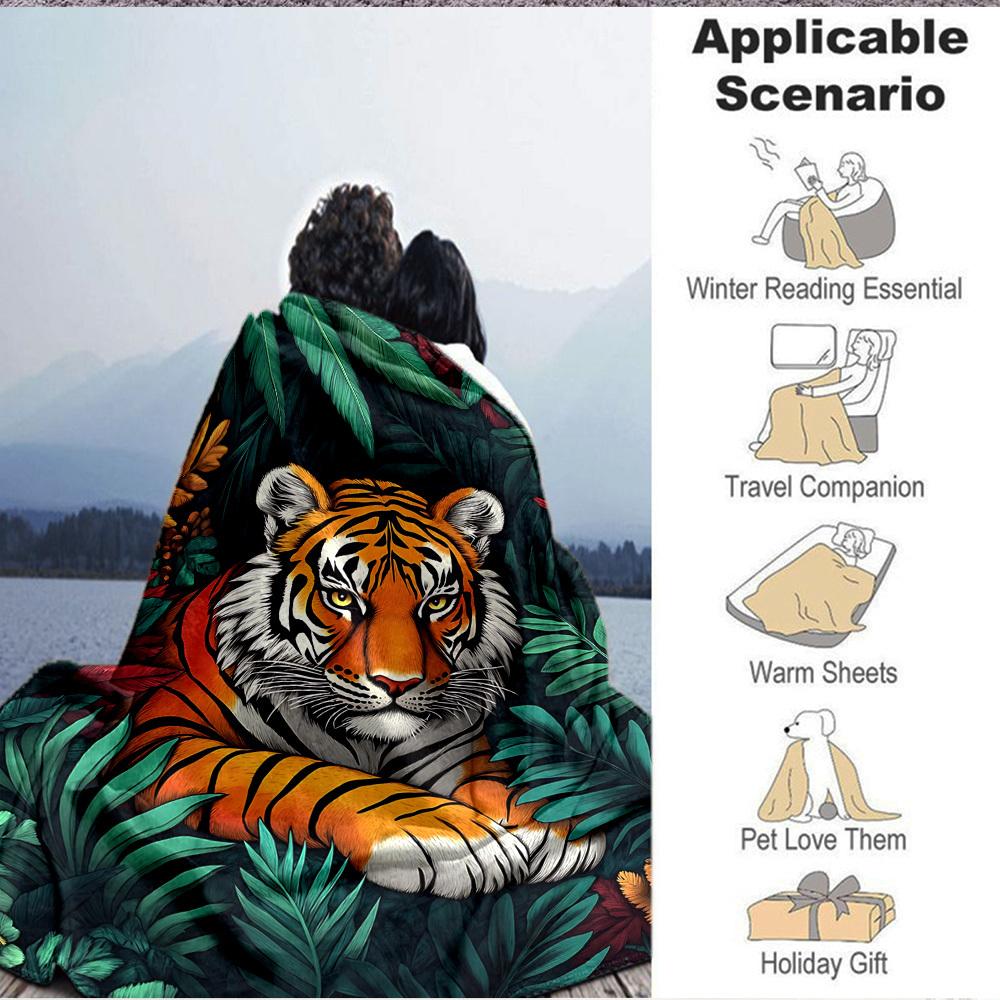 1pc Tiger Jungle Print Blanket, Lightweight Flannel Fleece with Digital Printing, Soft Warm for Sofa, Travel, Camping, Office, Couch, Chair, and Bed,