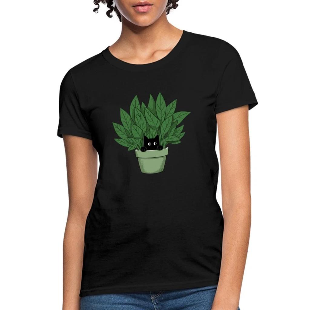Black Cat in Plant Vase Funny Women's T-Shirt