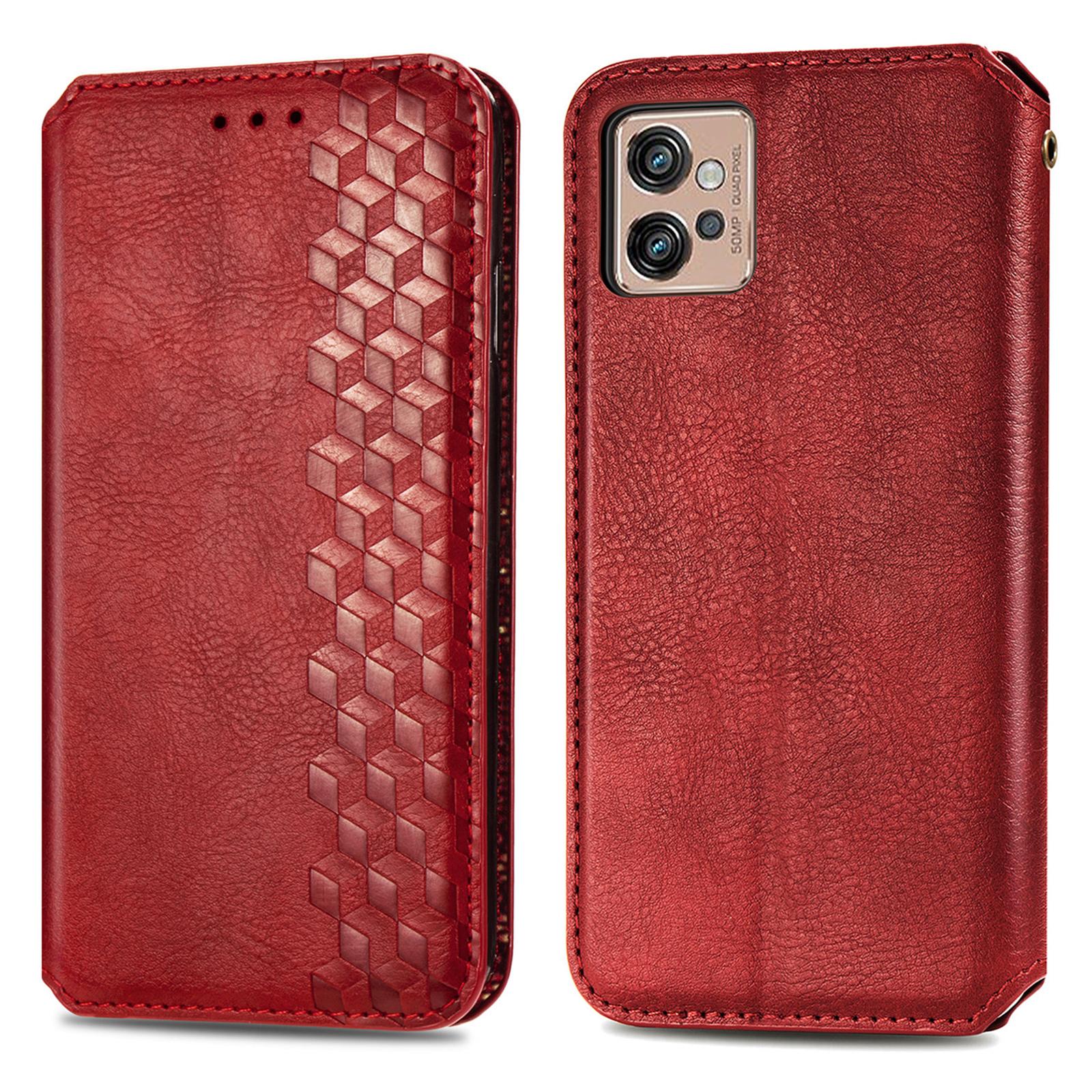

For Motorola Moto G32 4G PU Leather Case Rhombus Imprint Wallet Stand Phone Cover Red
