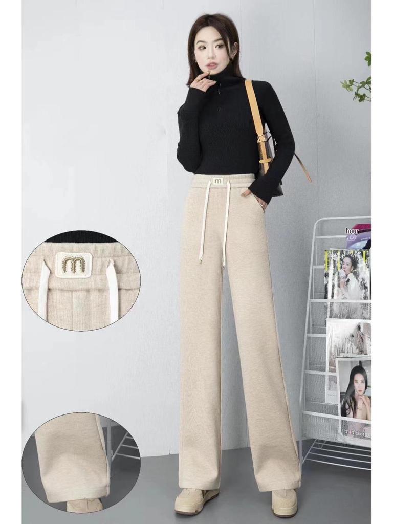Emerald Stripe Cashmere Wide-Leg Pants for Women - 2024 Slim Fit Straight-Leg Trousers