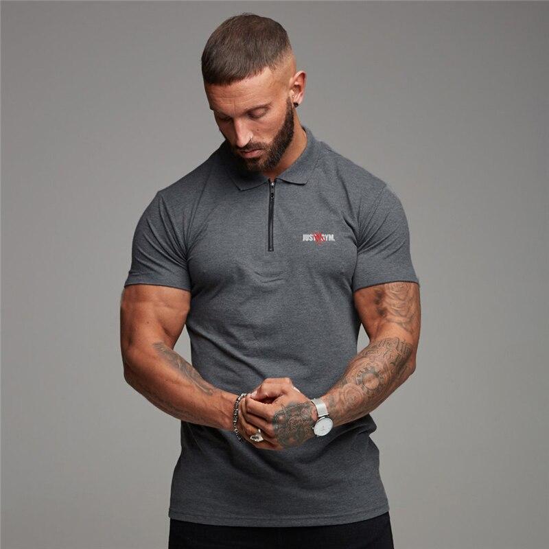 Muscleguys Polo slim in cotone da uomo con stampa zip stile europeo e americano alla moda con t-shirt slim fitness a maniche corte