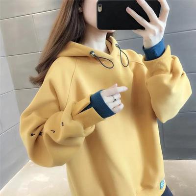 Cotton Sweatshirt Women Autumn Hooded Comfortable Thickened Fake Two Piece Top Solid Color Casual Versatile Sweatshirt