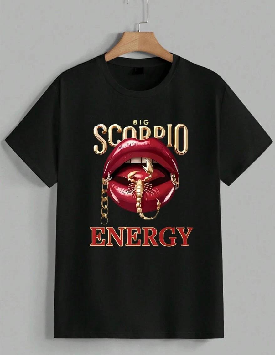 Big Scorpio Energy T-Shirt Sexy Red Lips Scorpion Gold Chain Zodiac Tee Unisex XXXXL