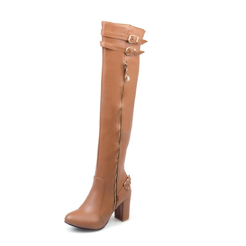 Übergröße Superhoher Dicker Absatz Klassischer Retro-Stil Ritterstiefel Reißverschluss Doppelreihe Lederschnalle Damen Overknee-Stiefel