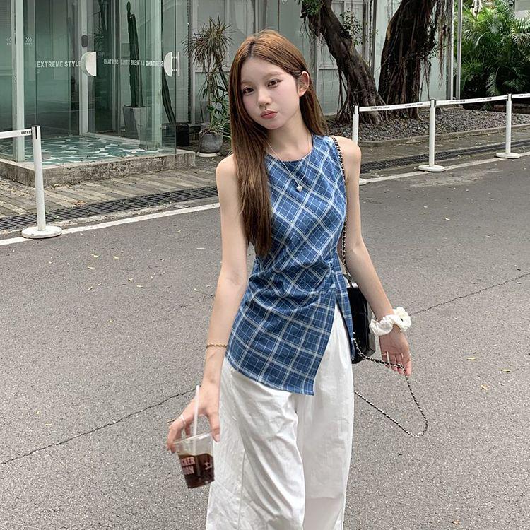 French Chic Blue Plaid Slim Fit Sleeveless Top with Slits XL (120-125 lbs)