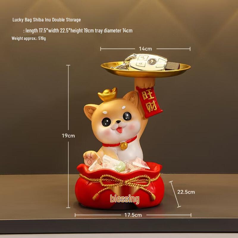 Lucky Cat & Shiba Inu Fortune Bag Resin Ornament with Double Storage