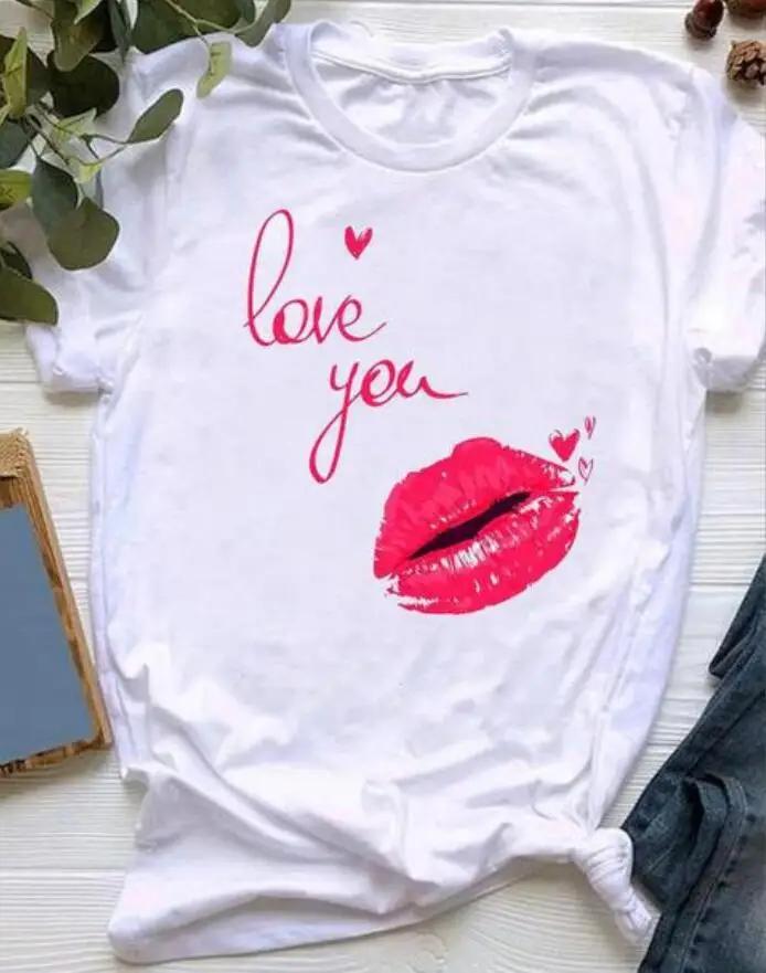 LOVE Red Lips Pink Heart Print T Shirt Women Romantic Slogan Graphic Short Sleeve Valentine Casual Summer Tee