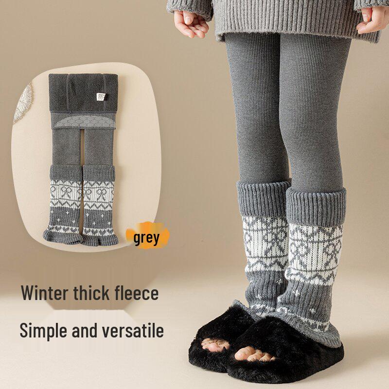 

2025 Winter Girls Fair Isle Patchwork Leg Warmers & Velvet-Lined Chunky Socks Pants XS height 80-90