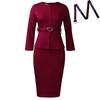 Women's Round Neck Long Sleeve Midi Dress Bodycon High Waist Elegant Peplum Office Pencil Dress With Heart Belt
