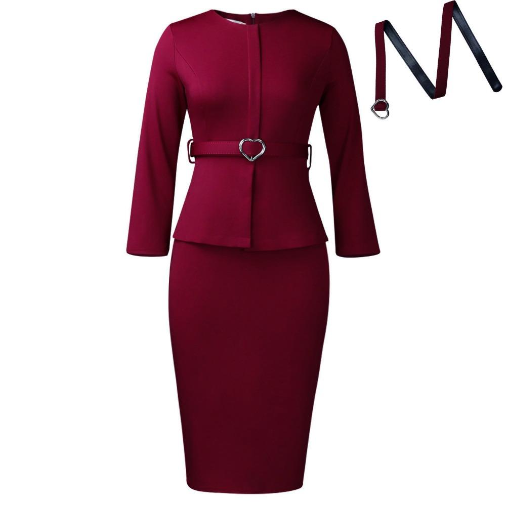 Women's Round Neck Long Sleeve Midi Dress Bodycon High Waist Elegant Peplum Office Pencil Dress With Heart Belt