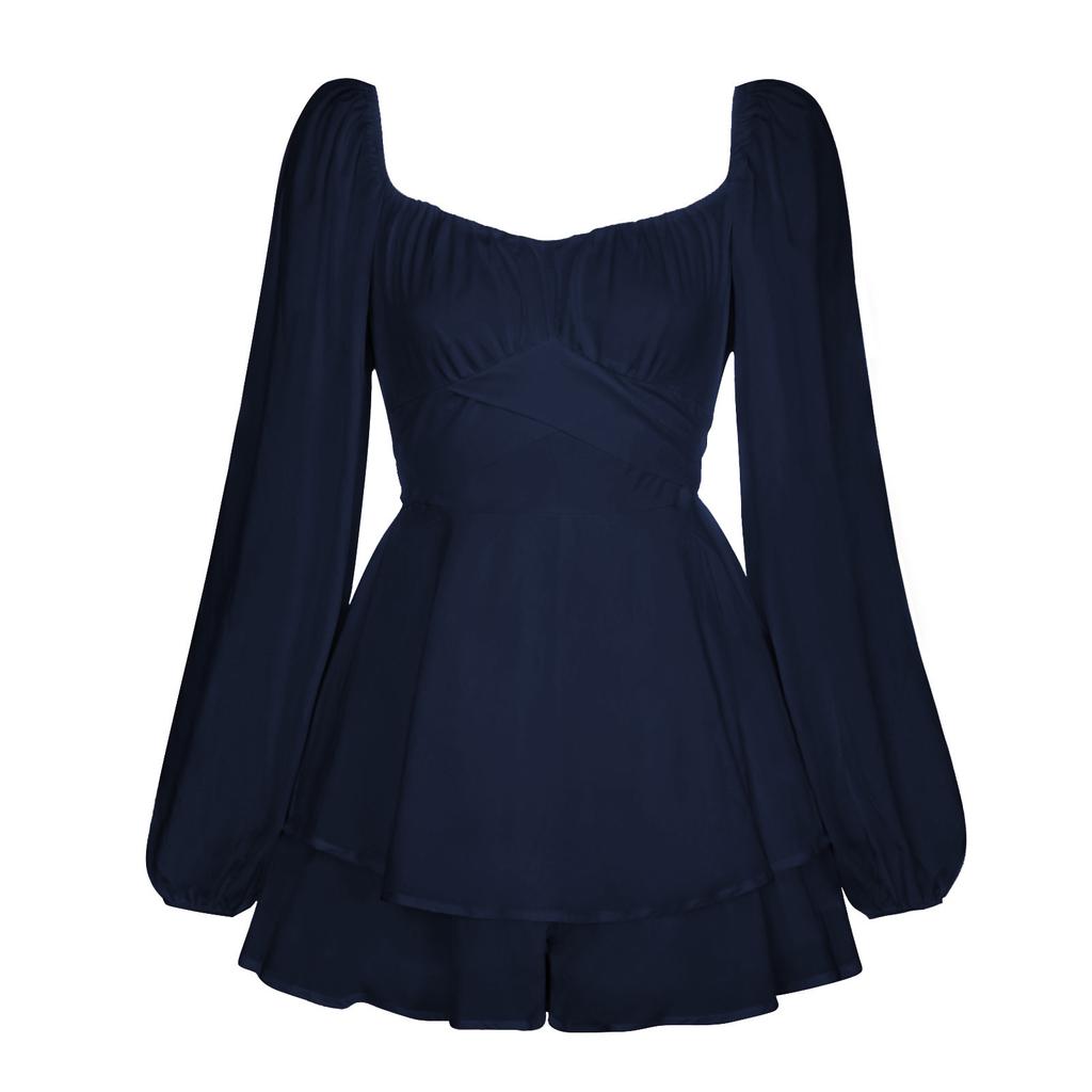 Women's Square Neck Long Sleeve Solid Romper High Waist Ruffled Layered Playsuit