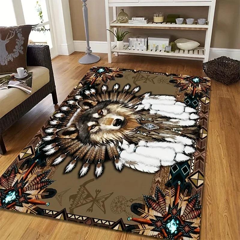 Vlčí koberec v indiánském stylu Odolná podlahová rohožka do obývacího pokoje, ložnice Mystická tmavá fantasy domácí dekorace Koberec