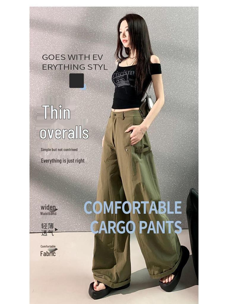 Women's American Style Green Wide-Leg Workwear Pants - Summer Loose Fit, Thin, Floor-Length, Casual 2026.
