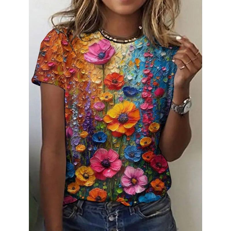 Damen Schönes Blumen 3D Druck T-Shirt Kurzarm T-Shirts Tops 3D Druck O-Ausschnitt Shirt Sommer Casual Damenbekleidung