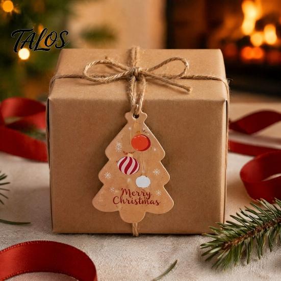 Holiday Souvenir Tags 50Pcs Christmas Tree Gift with Hemp Rope, Brown Paper Tags, Winter Party Favors Hanging Name Labels for DIY Xmas Wrapping