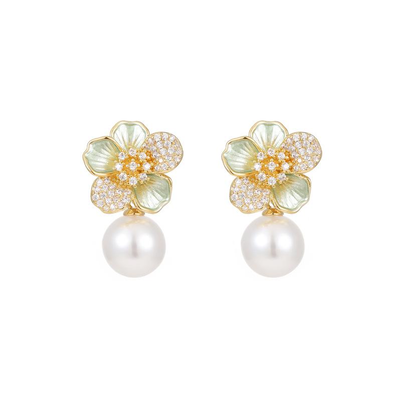 Kolczyki sztyfty w temperamencie lekkiego luksusu, kolczyki z kwiatami i perłami, francuski wysokiej klasy niszowy design, unikalne kolczyki