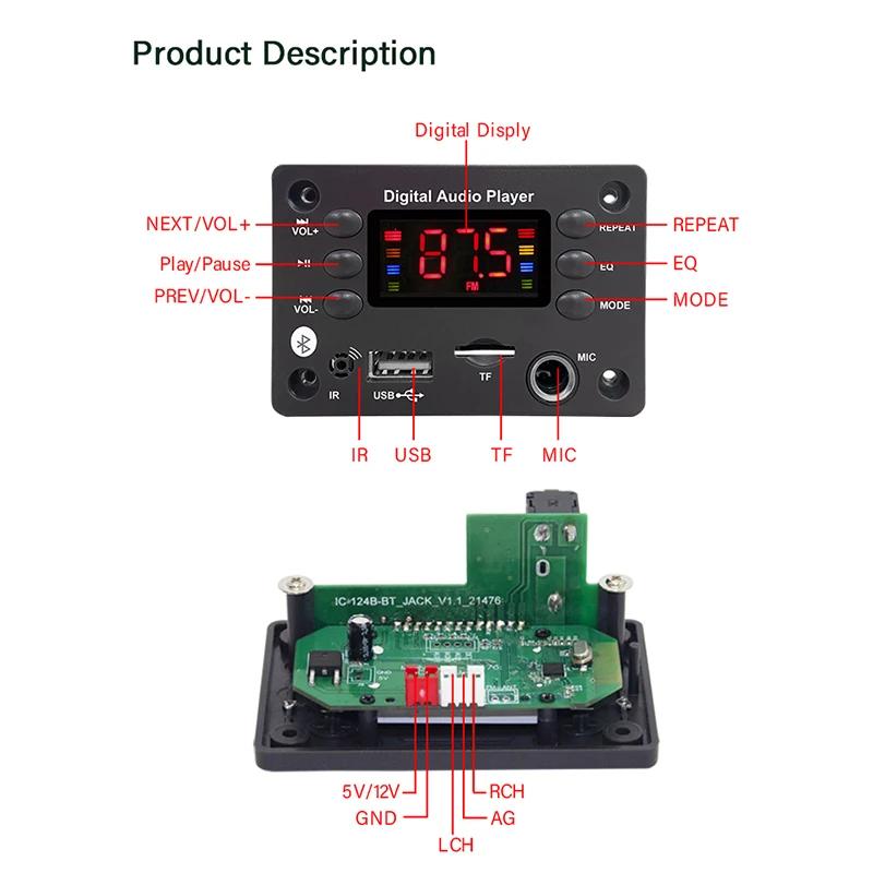 Płytka dekodera MP3 Bluetooth 5.0 DC 5V 12V Hands-free Car Audio Mikrofon USB TF Radio FM Odtwarzacz Muzyki MP3 Głośnik Z Pilotem