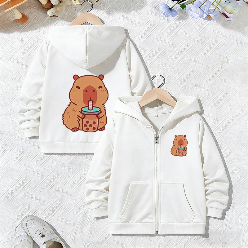 Sudadera con capucha y cremallera con estampado de letras de capibara para niños y niñas, Otoño Primavera, Sudaderas de dibujos animados de animales de moda con cremallera para niños
