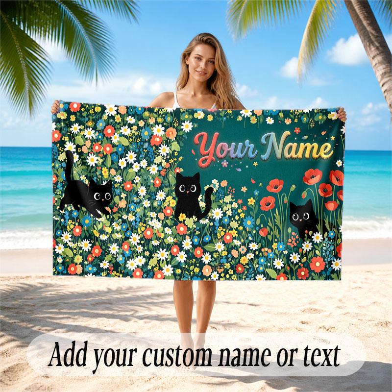 Cat Theme Soft Beach Towel Personalized Custom Name Text Towel Portable for Beach Pool Travel