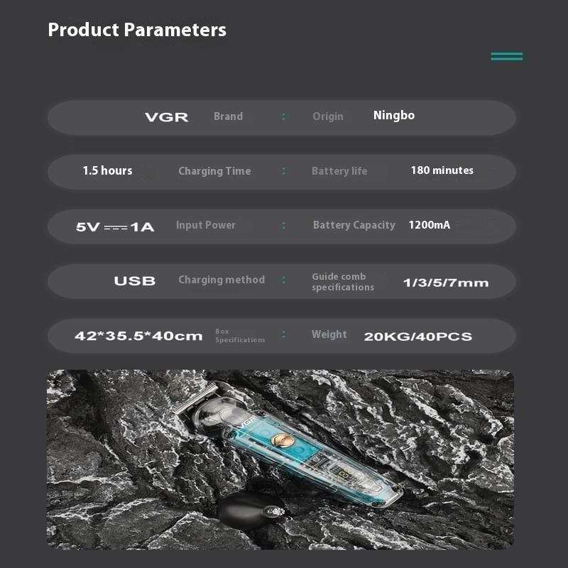 VGR Wireless Hair Clipper Rechargeable Digital Display Hair Clipper Hair Salon Household Waterproof Electric Hair Clipper Transparent Body