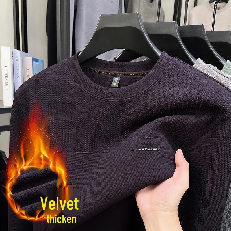 

Men s Korean Style Autumn/Winter Velvet Hoodie: Round Neck, Casual, Solid Color, Versatile Long Sleeve T-Shirt XXXL фіолетовий