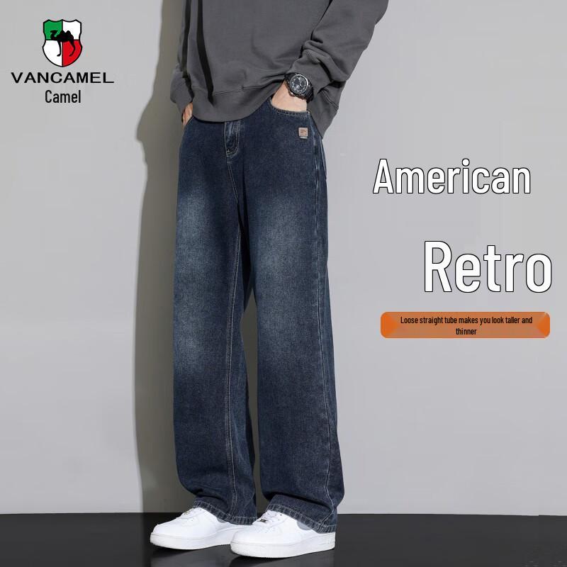 VANCAMEL Men s American Retro Loose Fit Straight-Leg Washed Jeans 34