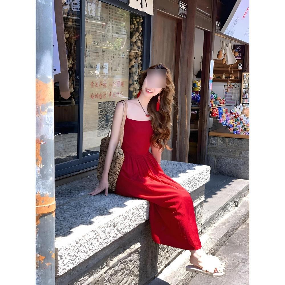 Red Suspender Dress Femininity Backless Suitable for Seaside Vacation Skirt